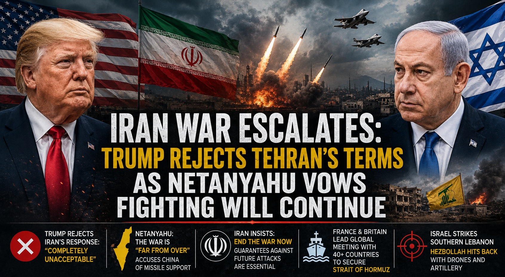 Iran War Escalates: Trump Rejects Tehran’s Terms as Netanyahu Vows Fighting Will Continue