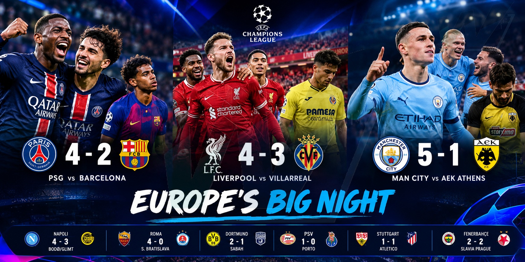 PSG Stun Barcelona as Liverpool Survive Seven-Goal Thriller and Man City Run Riot in Champions League